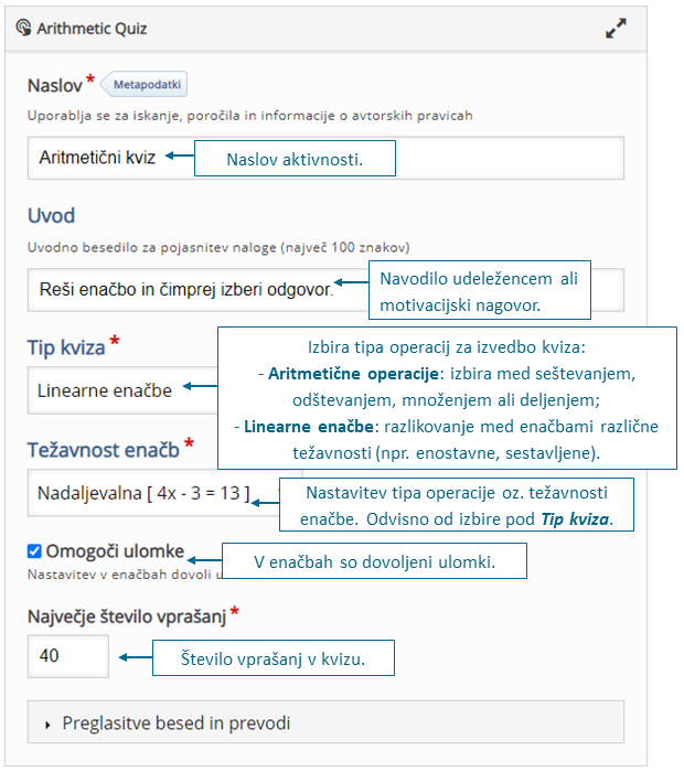 Dejavnost H5P: Arithmetic Quiz (slov. Aritmetični kviz)