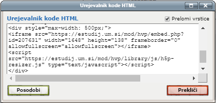 Pogovorno okno urejevalnika HTML kode